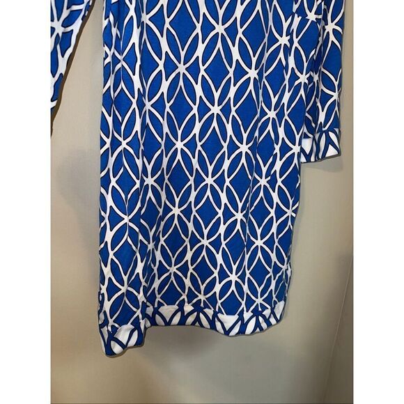 Crown & Ivy Size S Wide Sleeve V-Neck Mini Tunic Dress Blue White Geo Print - Picture 6 of 9